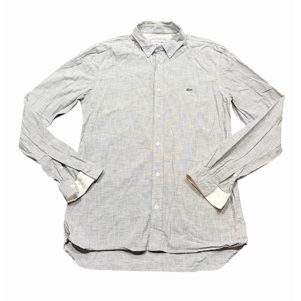 Lacoste Button Down Shirt Men Medium Gray Micro Gingham Check Long Sleeve Cotton